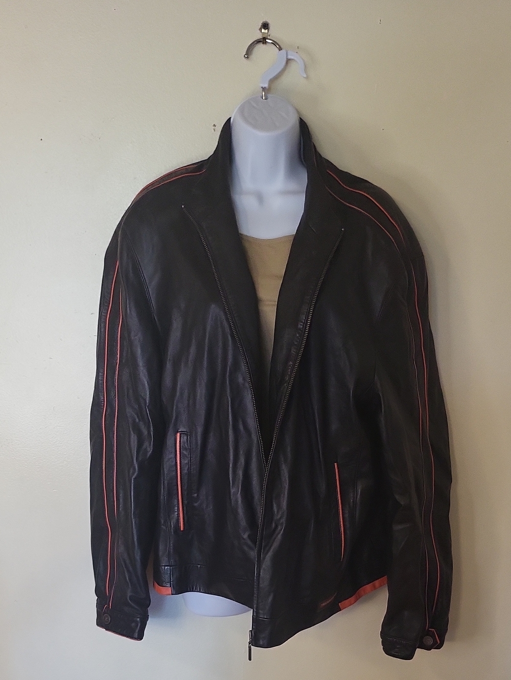Men's Black Leather Bomber Jacket with Orange Trim